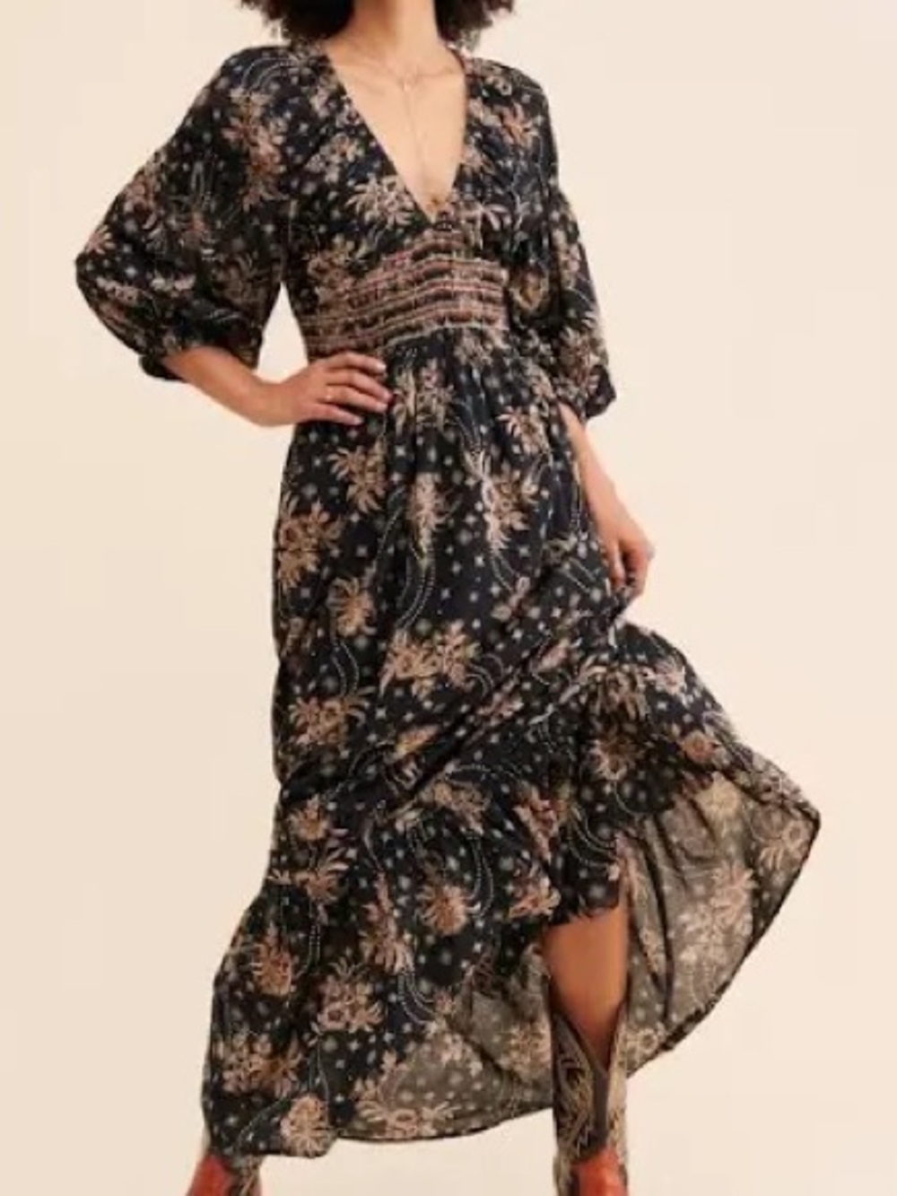 Free People golden hour V-Neck Smocked Maxi Dress